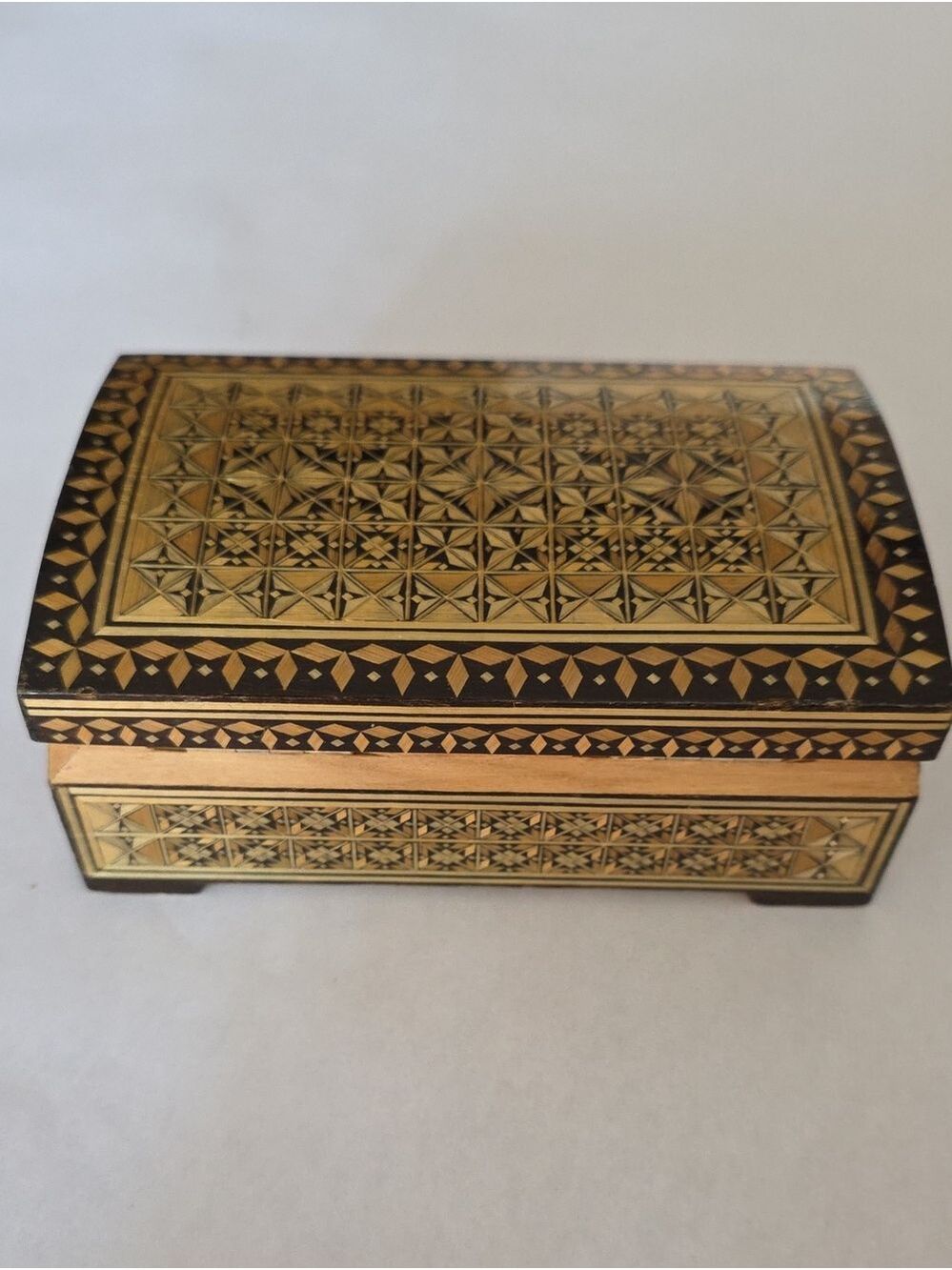 Vtg Russian Straw Marquetry Domed Wooden Jewelry Trinket Box Inlay Geometric
